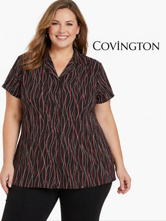 Covington Tops - COVINGTON Womens 16/18W Career Casual Dots Stripes Button Short Sleeve Black Top